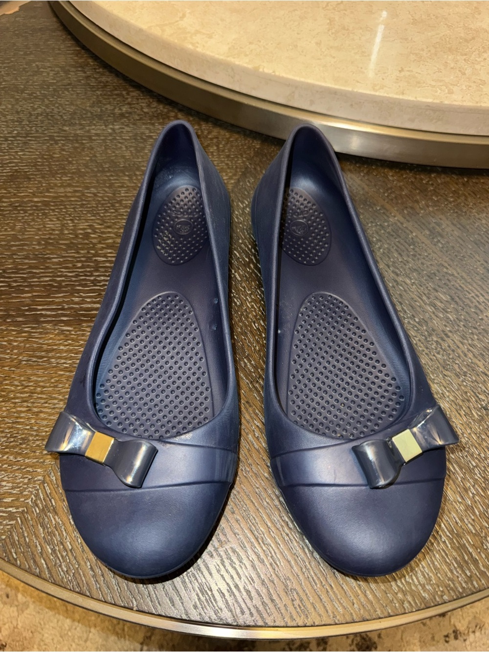 CROCS Navy Bow Slip-On Flats with Gold Accent